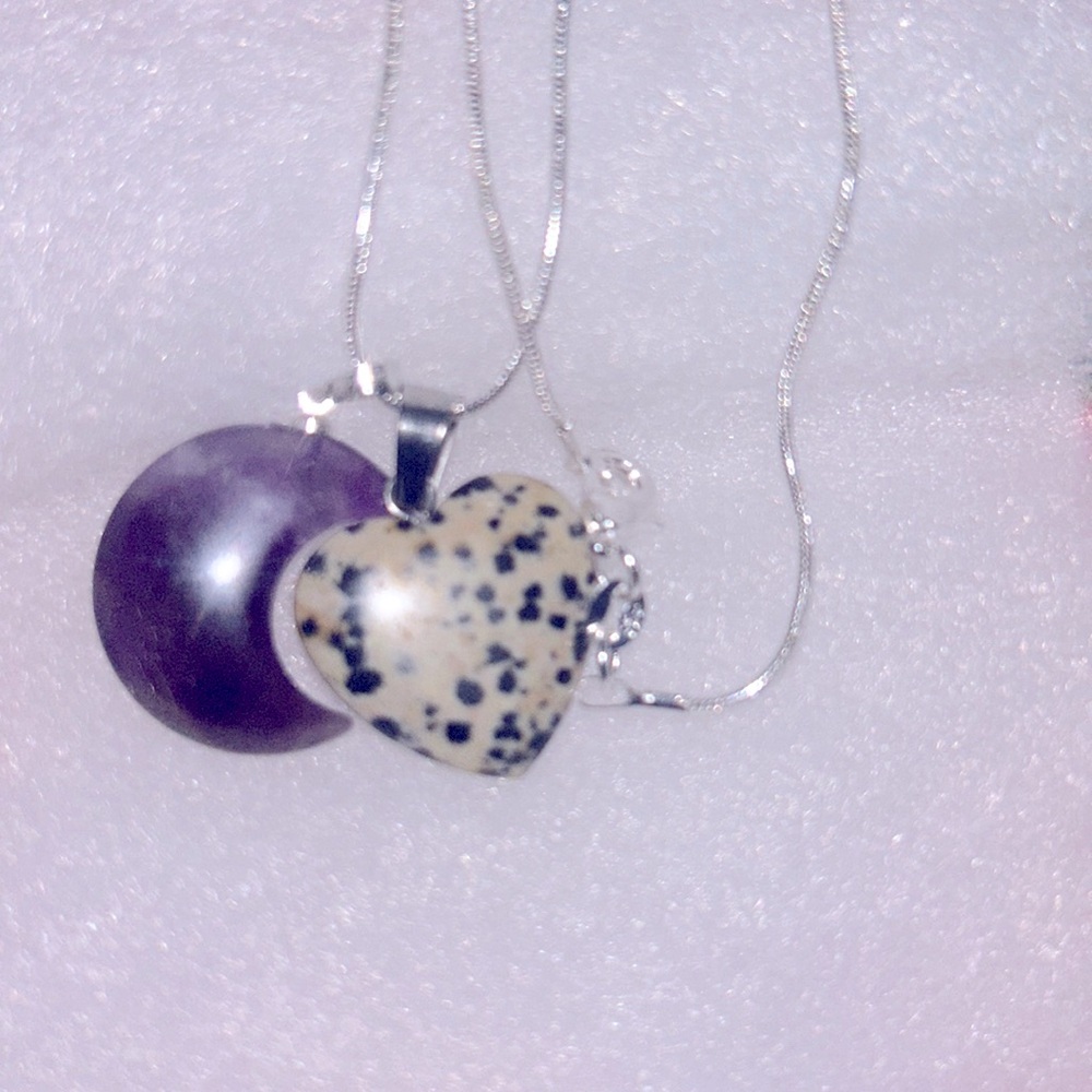 Boho hippie Amethyst Moon and Dalmatian Jasper heart Sterling Sil…